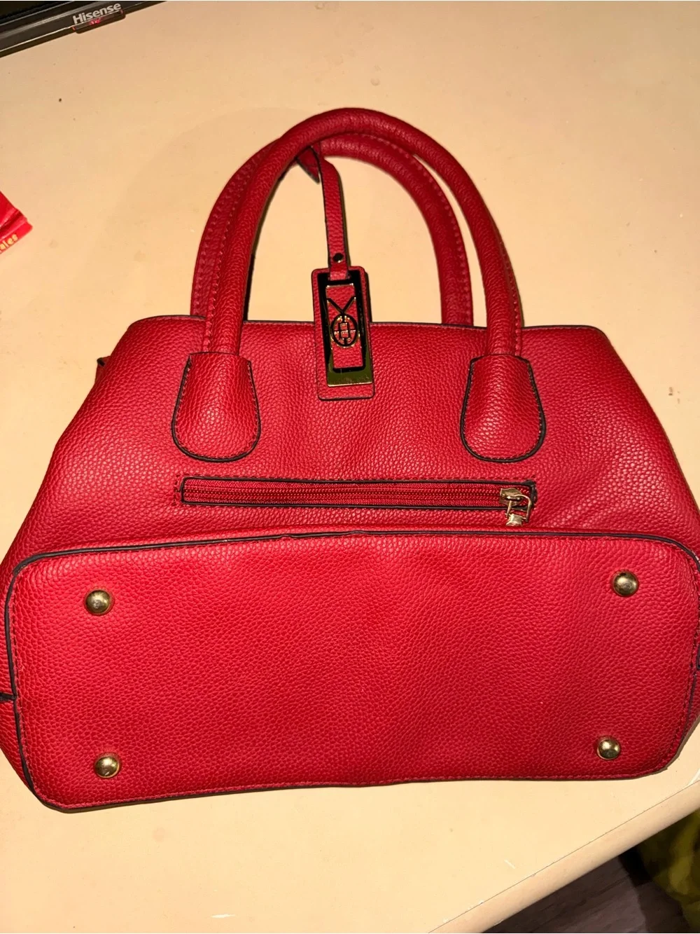 Red Pebbled Satchel with Gold Hardware